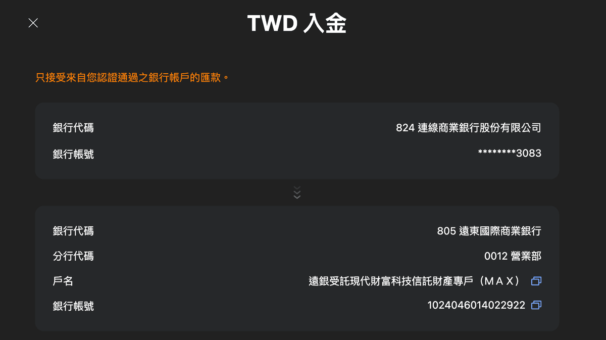 MAX 顯示的 TWD 入金與信託專戶資料