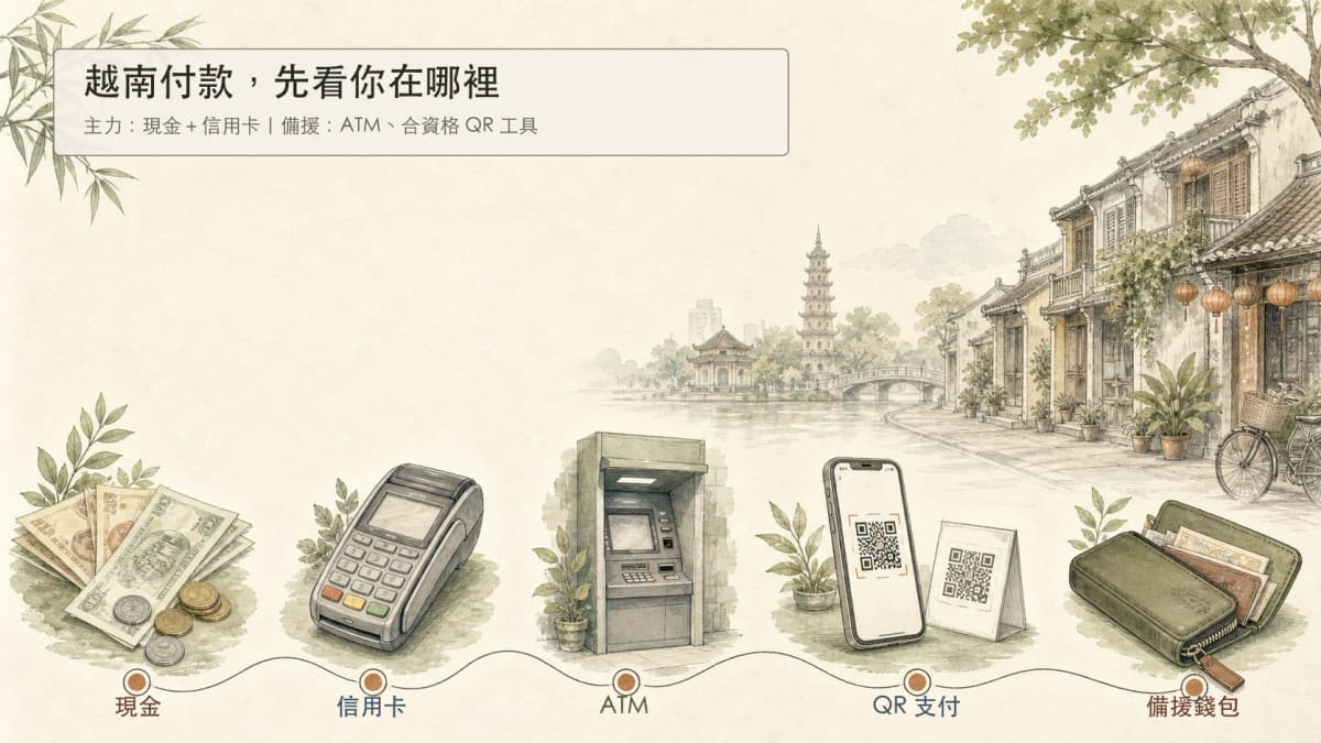 越南支付選擇流程圖：現金與信用卡為主，ATM、QR 支付與備援錢包依場景搭配