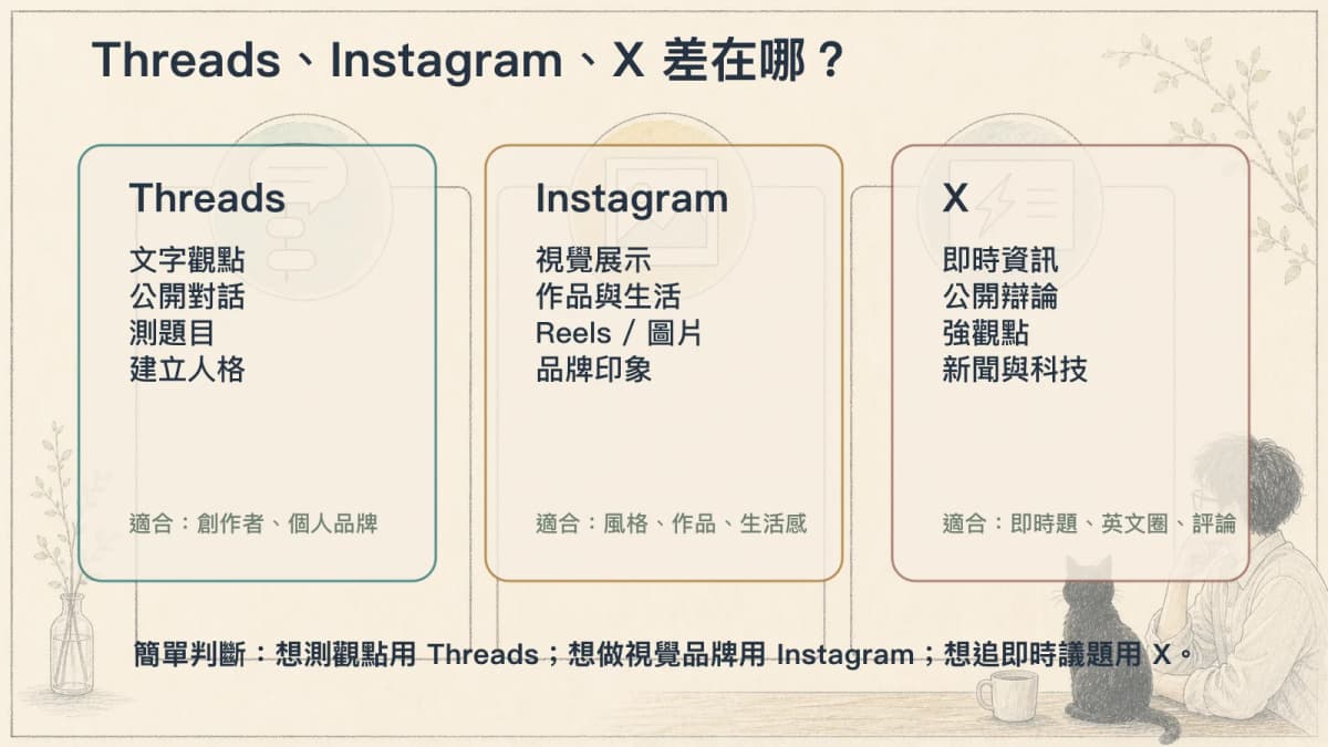 Threads、Instagram、X 的平台定位與內容用途比較圖