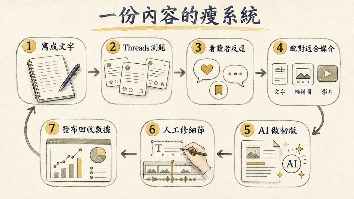 一份內容的瘦系統：先用文字測題，再配對媒介並由 AI 協助製作