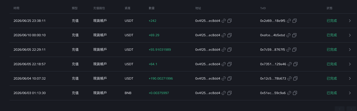 Binance 充值紀錄顯示 USDT 已到帳