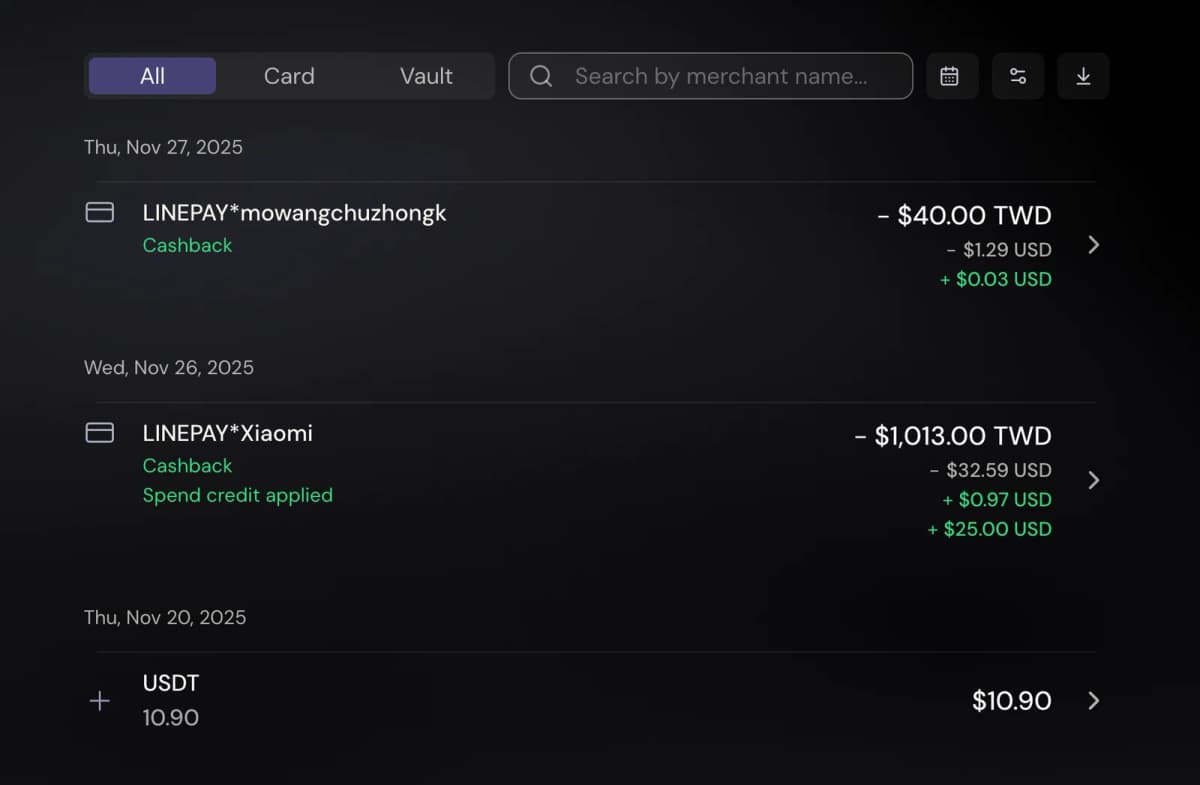 個人實測:Ether.fi Cash 綁定 LINE Pay 後完成兩筆台幣付款,交易紀錄顯示 LINEPAY 商家、美元換算與 cashback