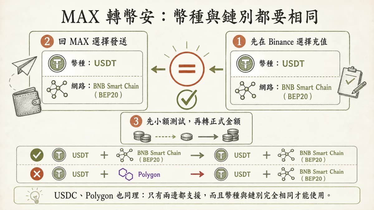 MAX 轉幣安時,幣種與鏈別都要完全相同