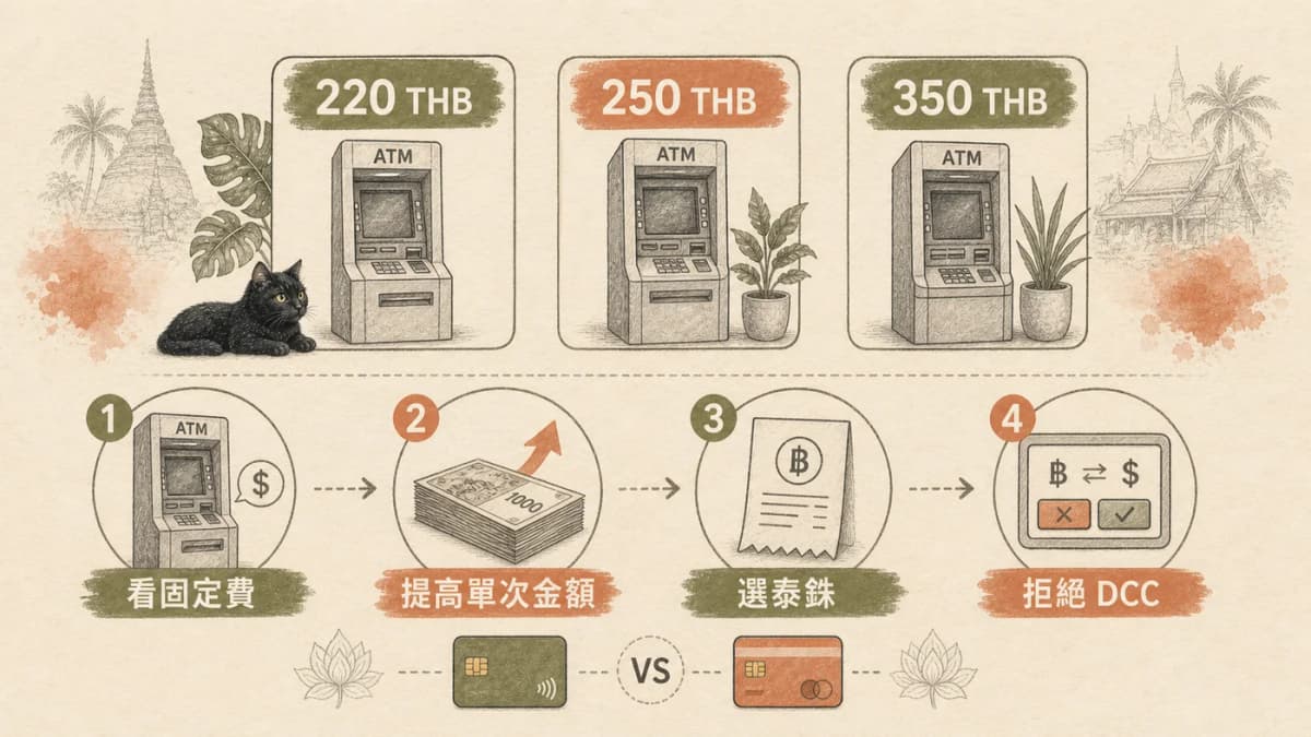 泰國 ATM 固定費、單次提款金額、泰銖結算與拒絕 DCC 的判斷圖