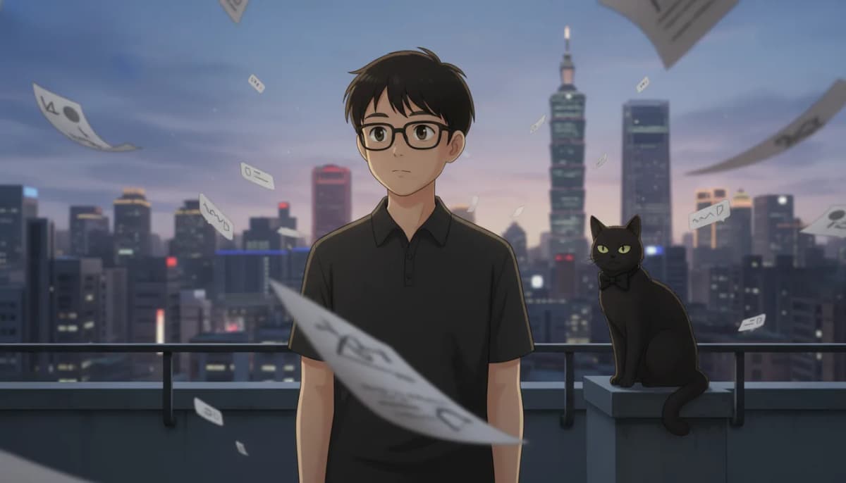 瘦桑品牌風格插圖:戴眼鏡的男主角和黑貓站在台北屋頂上,逆風中紙張與評論訊號四散飛舞,象徵黑粉、逆風與注意力同時湧來