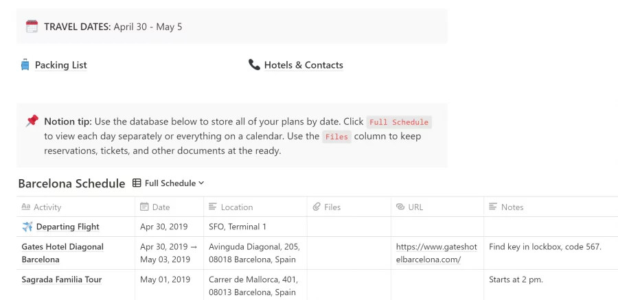 Notion Template travel planner