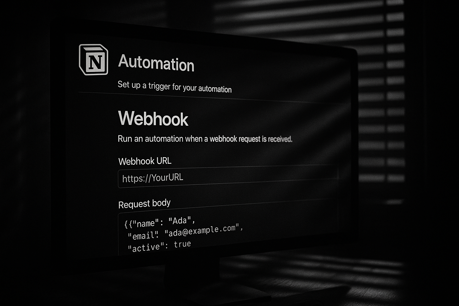 生成一張電腦銀幕上，使用者在 Notion 自動化介面中設定 Webhook，畫面含 Notion 標誌和程式碼設定選項。